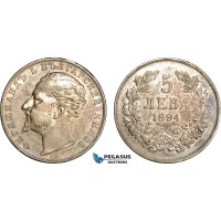 AI904, Bulgaria, Ferdinand, 5 Leva 1894 KB, Kremnitz Mint, Silver, Toned , XF-AU