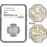 AI930, Djibouti, 25 Centimes 1921, Chambers of Commerce Coinage, LEC-94a, NGC MS63