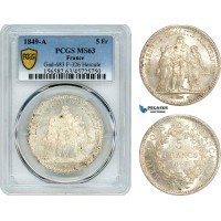AI933, France, Second Republic, Hercules 5 Francs 1849 A, Paris Mint, Silver, PCGS MS63