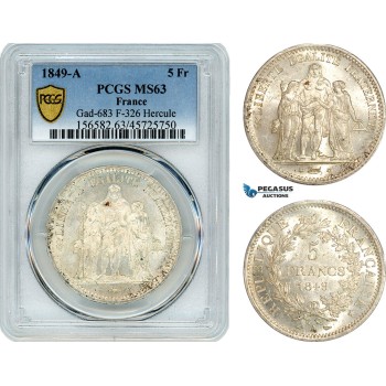 AI933, France, Second Republic, Hercules 5 Francs 1849 A, Paris Mint, Silver, PCGS MS63