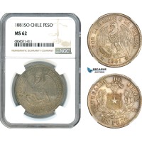 AI952, Chile, 1 Peso 1881 SO, Santiago Mint, Silver, NGC MS62