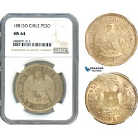 AI953, Chile, 1 Peso 1881 SO, Santiago Mint, Silver, NGC MS64