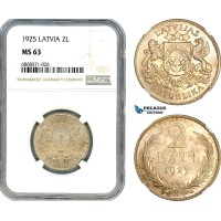 AI975, Latvia, 2 Lati 1925, London Mint, Silver, NGC MS63
