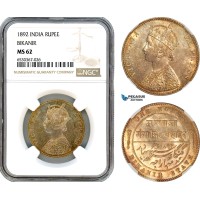 AI733, India, British India, Bikanir, Ganga Singh (under Victoria as Empress), Rupee 1892, Silver, Km#72, Amber toning, NGC MS 62