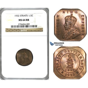 R414, Straits Settlements, George V, 1/2 Cent 1932, NGC MS64RB