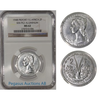 A11, French East Africa, Piefort 2 Fr 1948, Aluminium (KM-PE2) 104 Struck, NGC MS62