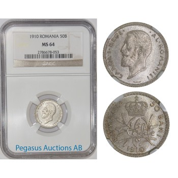 A25, Romania, Carol I, 50 Bani 1910, Silver, NGC MS64