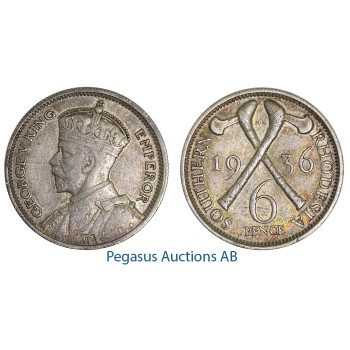 A47, Southern Rhodesia (Zimbabwe) George V, 6 Pence 1936, Nice!