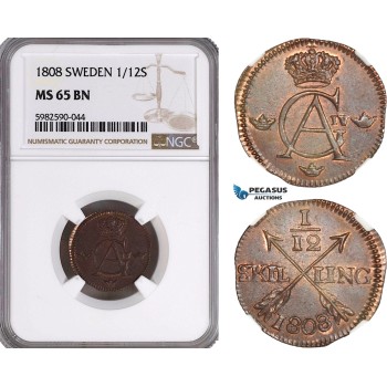 A5/1006 Sweden, Gustav IV Adolf, 1/12 Skilling 1808, Avesta Mint, SM 66, NGC MS65BN