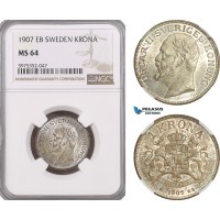 A5/1013 Sweden, Oscar II, 1 Krona 1907 EB, Stockholm Mint, Silver, Delz. 58, SM 80, NGC MS64