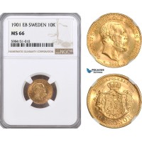 A5/1015 Sweden, Oscar II, 10 Kronor 1901 EB, Stockholm Mint, Gold, Delz. 44, SM 33, NGC MS66