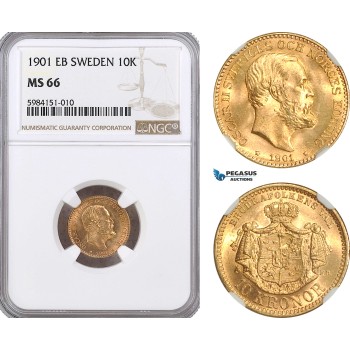 A5/1015 Sweden, Oscar II, 10 Kronor 1901 EB, Stockholm Mint, Gold, Delz. 44, SM 33, NGC MS66