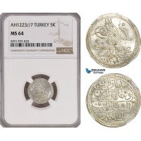 A5/1035 Ottoman Empire, Turkey, Mahmud II, 5 Kurush AH1223//7, Kostantiniye Mint, Silver, KM# 591, NGC MS64