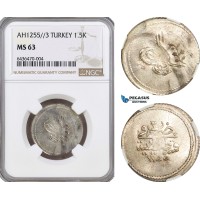 A5/1037 Ottoman Empire, Turkey, Abdülmecid, 1,5 Kurush AH1255/3, Kostantiniye Mint Silver, KM# 654, NGC MS63