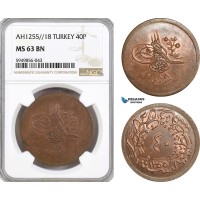 A5/1040 Ottoman Empire, Turkey, Abdülmecid, 40 Para AH1255/18, Kostantiniye Mint, KM# 670, NGC MS63BN, Top Pop!