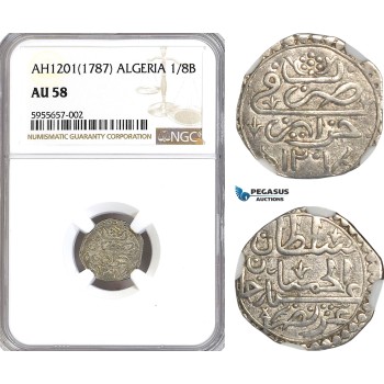 A5/2 Algeria, Abdul Hamid I, 1/8 Budju AH1201 (1787) Silver, KM# 35, NGC AU58