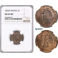 A5/339 France, Napoleon III, 2 Centimes 1862 K, Bordeaux Mint, KM#796.6, NGC MS65BN