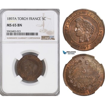 A5/358 France, Third Republic, 5 Centimes 1897 A (Torch) Paris Mint, KM# 821.1, NGC MS65BN