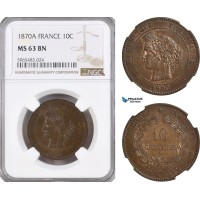 A5/359 France, Third Republic, 10 Centimes 1870 A, Paris Mint, KM# 815.1, NGC MS63BN