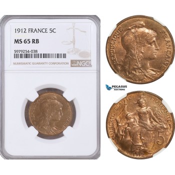 A5/371 France, Third Republic, 5 Centimes 1912, Paris Mint, KM# 842, NGC MS65RB