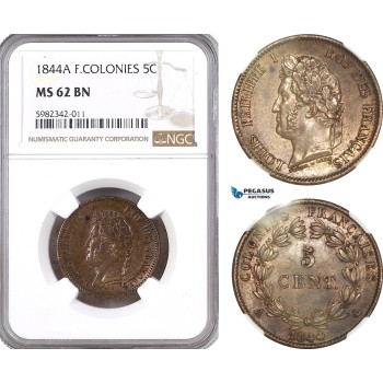 A5/379 French Colonies, Louis Philippe I, 5 Centimes 1844 A, Paris Mint, KM# 12, NGC MS62BN