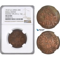 A5/427 German East Africa (DOA) 20 Heller 1916 T, Tabora Mint, Small Crown, Pointed Tips on Ls, KM# 15, NGC MS64BN