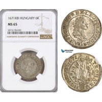 A5/498 Hungary, Leopold I, 6 Krajczar 1671 KB, Kremnitz Mint, Silver, KM# 164, NGC MS65, Top Pop!