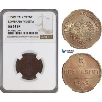A5/543 Italy, Lombardy Venetia, Franz Joseph of Austria, 5 Centesimi 1852 V, Venice Mint, KM C# 31, NGC MS64BN