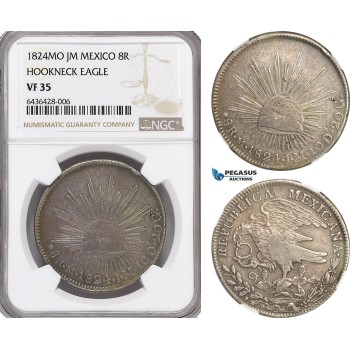 A5/613 Mexico Hookneck Eagle 8 Reales 1824 Mo JM, Mexico City Mint, Silver, KM# 376.2, NGC VF35, Gun metal toning!