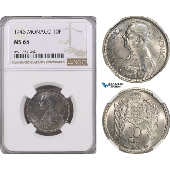A5/622 Monaco, Louis II, 10 Francs 1946, KM# 123, NGC MS65, Top Pop! (Highest graded)