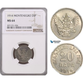 A5/630 Montenegro, Nikola I, 20 Para 1914, Vienna Mint, KM# 19, NGC MS64