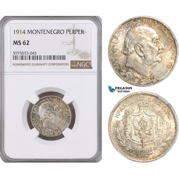 A5/633 Montenegro, Nicholas I, 1 Perper 1914, Vienna Mint, Silver, KM# 14, NGC MS62, Multicolor toning!