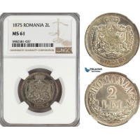 A5/782 Romania, Carol I, 2 Lei 1875, Brussels Mint, Schäffer/Stambuliu 012, NGC MS61, Gun metal toning!