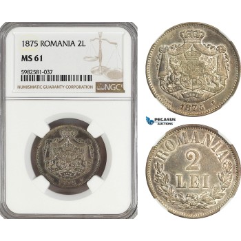 A5/782 Romania, Carol I, 2 Lei 1875, Brussels Mint, Schäffer/Stambuliu 012, NGC MS61, Gun metal toning!