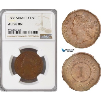 A5/989 Straits Settlements, Victoria, 1 Cent 1888, London Mint, KM# 16, NGC AU58BN