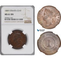 A5/990 Straits Settlements, Victoria, 1 Cent 1889, London Mint, KM# 16, NGC MS61BN