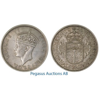 A55, Southern Rhodesia (Zimbabwe) George VI, Half Crown 1942, Very Nice!