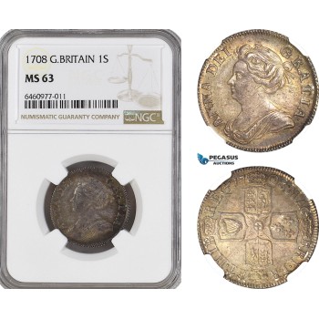 A6/121, Great Britain, Anne, Shilling 1708, London Mint, Silver, KM# 523.1, Green/champagne toning, NGC MS63