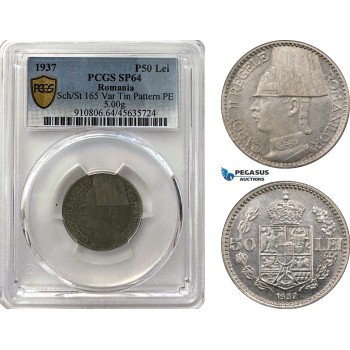 A6/261, Romania, Carol II, Pattern 50 Lei 1937, Bucharest Mint, Tin (5.00g) Plain edge, Coin rotation, Schäffer/Stambuliu 156 Var.(Unpublished metal) PCGS SP64, Top Pop! Rare!