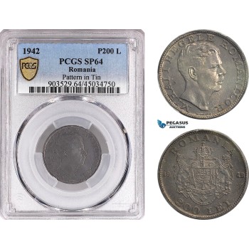 A6/282, Romania, Mihai I, Pattern 200 Lei 1942, Bucharest Mint, Lead, Plain edge, Coin rotation, Schäffer/Stambuliu 188-Var., (Unpublished metal) PCGS SP64 (Wrongly labelled as Tin)