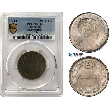 A6/285, Romania, Mihai I, Pattern 100 Lei 1944, Bucharest Mint, Tin (6.73g) Reeded edge, Coin rotation, Schäffer/Stambuliu (Unpublished) PCGS SP65, Top Pop! Rare!