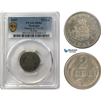 A6/294, Romania, Mihai I, Pattern 2 Lei 1947, Bucharest Mint, Tin (4.62g) Reeded edge, Coin rotation, Schäffer/Stambuliu 205-Var. (Unpublished metal), PCGS SP64, Top Pop! Rare!