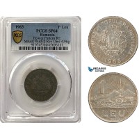 A6/325, Romania, Peoples Republic, Pattern 1 Leu 1963, Bucharest Mint, Tin (4.96g) Reeded edge, Medal rotation, Schäffer/Stambuliu (Unpublished), PCGS SP64 (Wrongly labelled as Struck with 2 Rev. Dies) Very Rare!