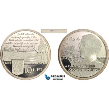 A6/428, Romania, 10 Lei 2009, 155 Years from the Birth of Alexandru Macedonski, Silver, KM# 251, Mintage 500 Pcs, Proof, In original box with COA