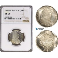 A6/477, Sweden, Gustav IV Adolf, ⅙ Riksdaler 1804 OL, Stockholm Mint, Silver, KM# 560, Fantastic quality! NGC MS67, Top Pop!