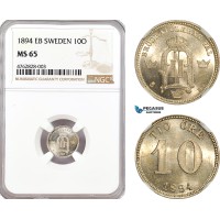 A6/483, Sweden, Oscar II, 10 Öre 1894 EB, Stockholm Mint, Silver, KM# 755, NGC MS65