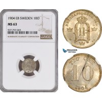 A6/487, Sweden, Oscar II, 10 Öre 1904 EB, Stockholm Mint, Silver, KM# 755, NGC MS63