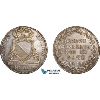 A6/499, Switzerland, 40 Batzen 1813 B, Zurich Mint, Silver, KM# 191, Toned, Small edge bump! EF