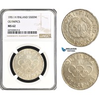 A6/94, Finland, 500 Markkaa 1951 H, Helsinki Mint, Silver, Olympics, KM# 35, NGC MS62