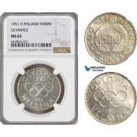 A6/95-R, Finland, 500 Markkaa 1951 H, Helsinki Mint, Silver, Olympics, KM# 35, NGC MS65
